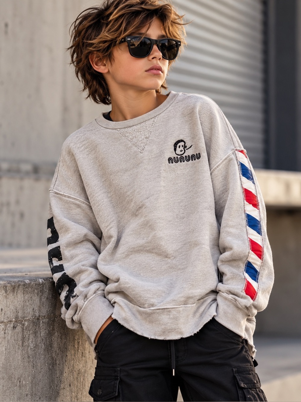 NUNUNU Kids 12-14 Gray Distressed Sweatshirt Striped Sleeve Oversized Cotton